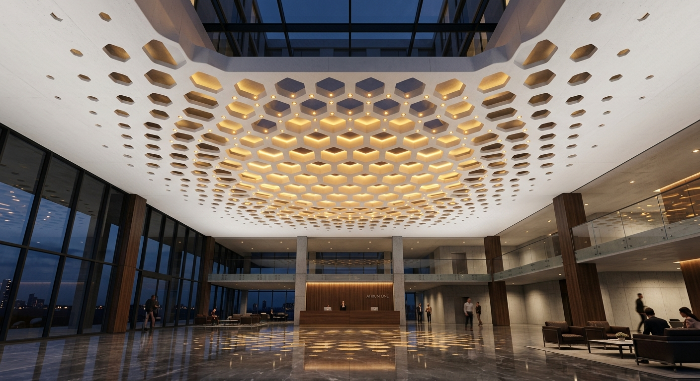 Hexagonal grid pattern on a corporate headquarters