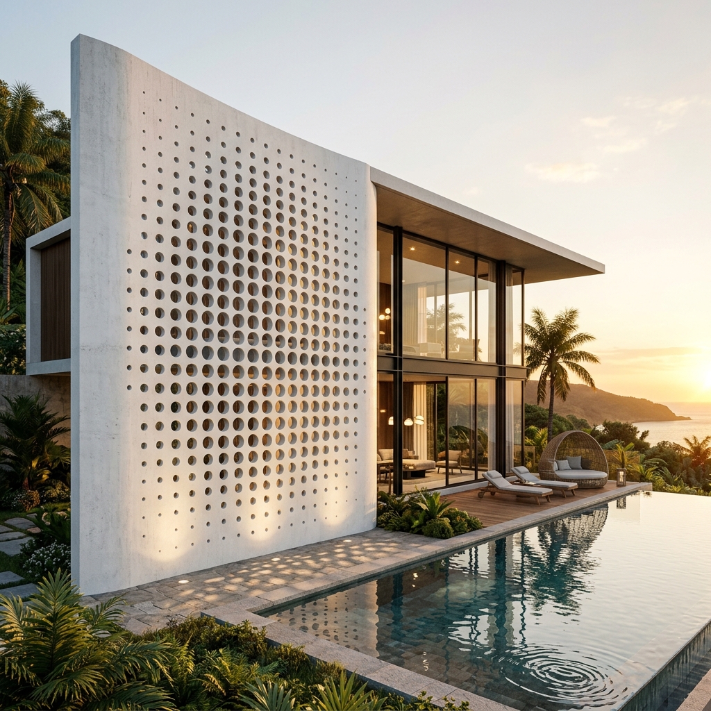 Circular fading perforated screen on a luxury villa