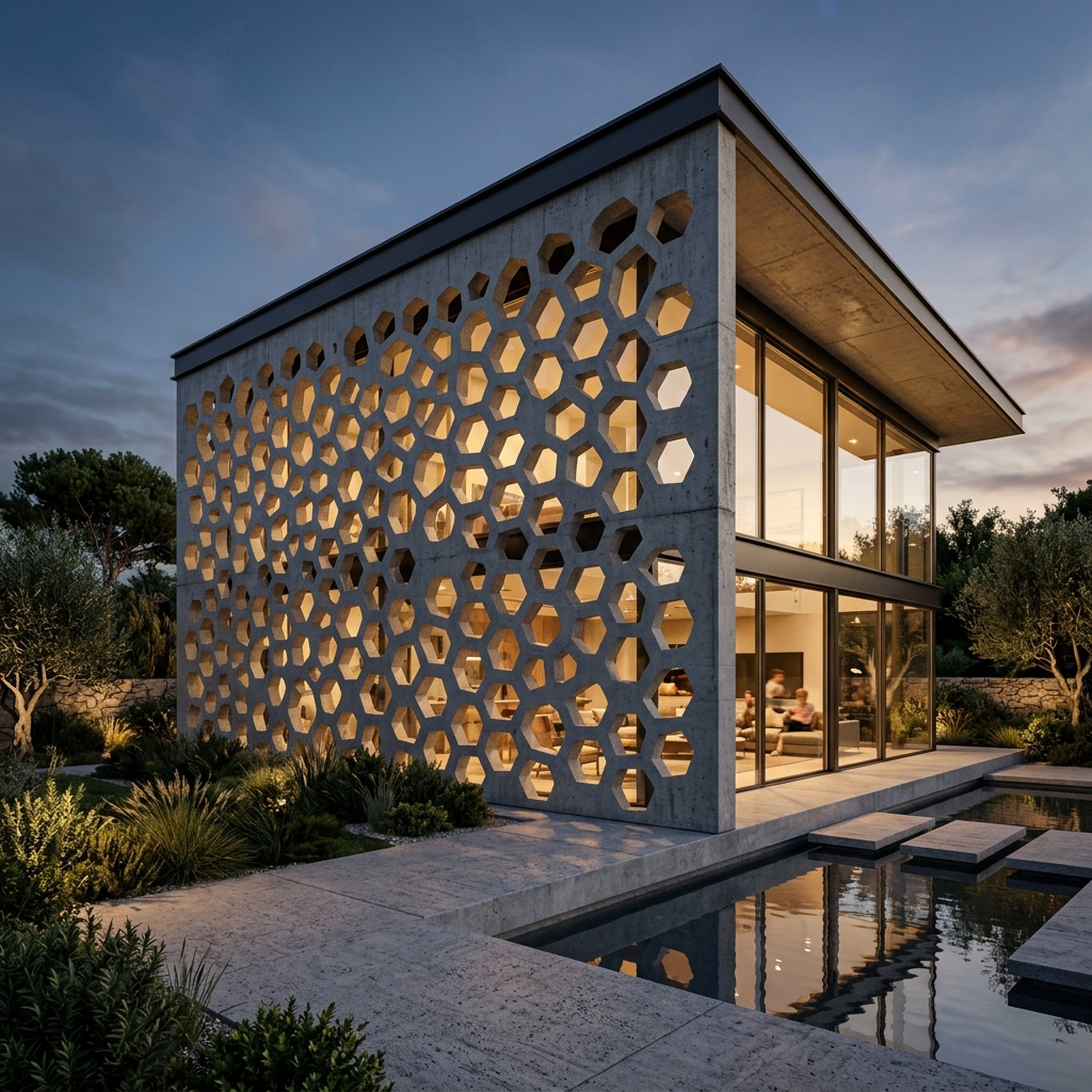 Hexagonal perforated screen on a villa at evening
