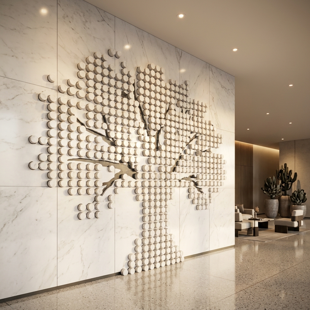 Image to Blocks cylinder relief on a hotel lobby wall