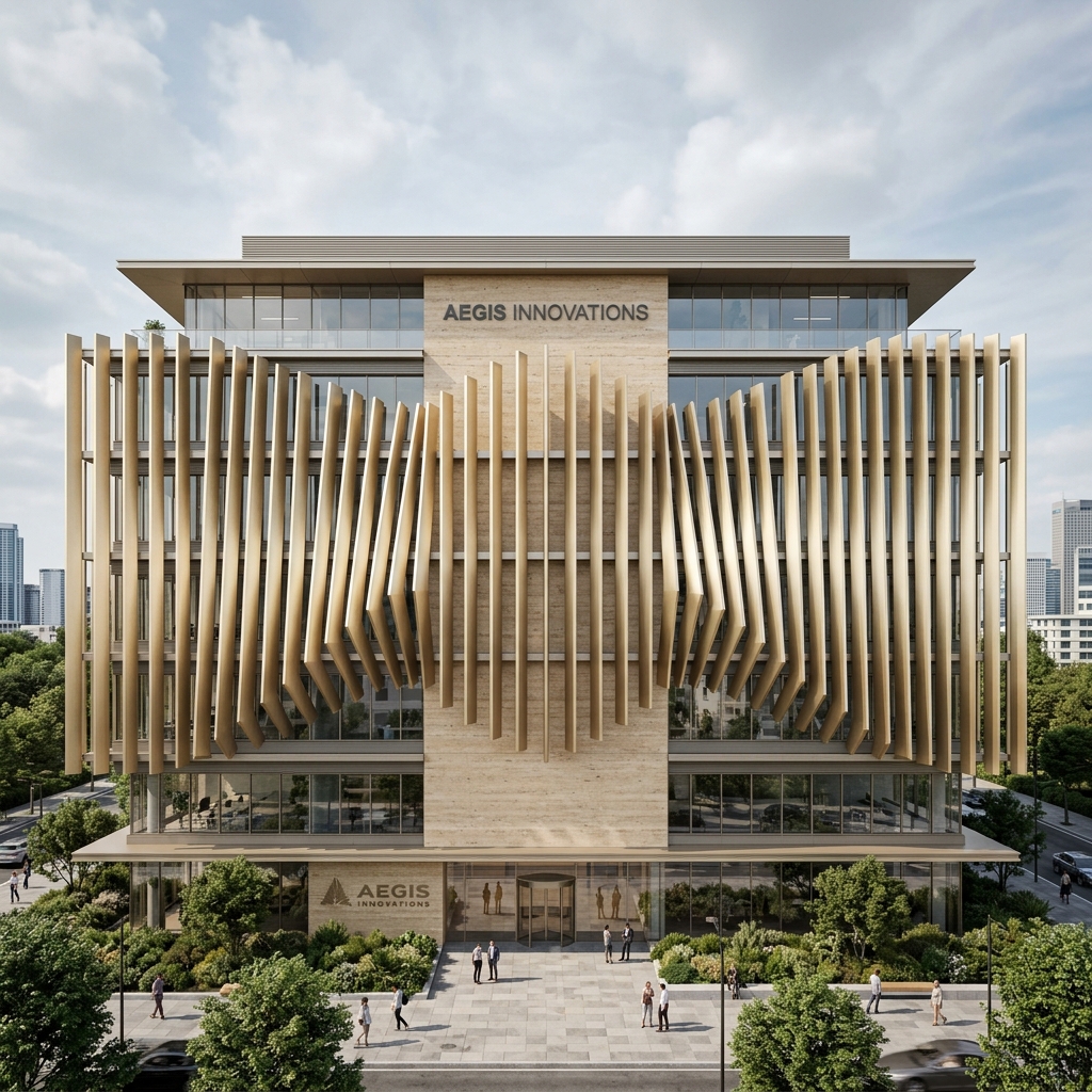 Kinetic facade fins with center-out rotation on a headquarters