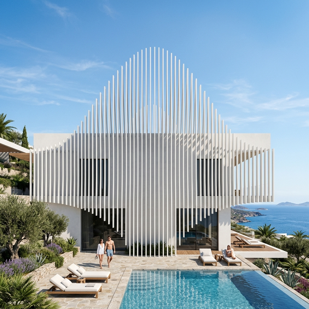 Kinetic facade fins with centre-peak bell curve height on a villa