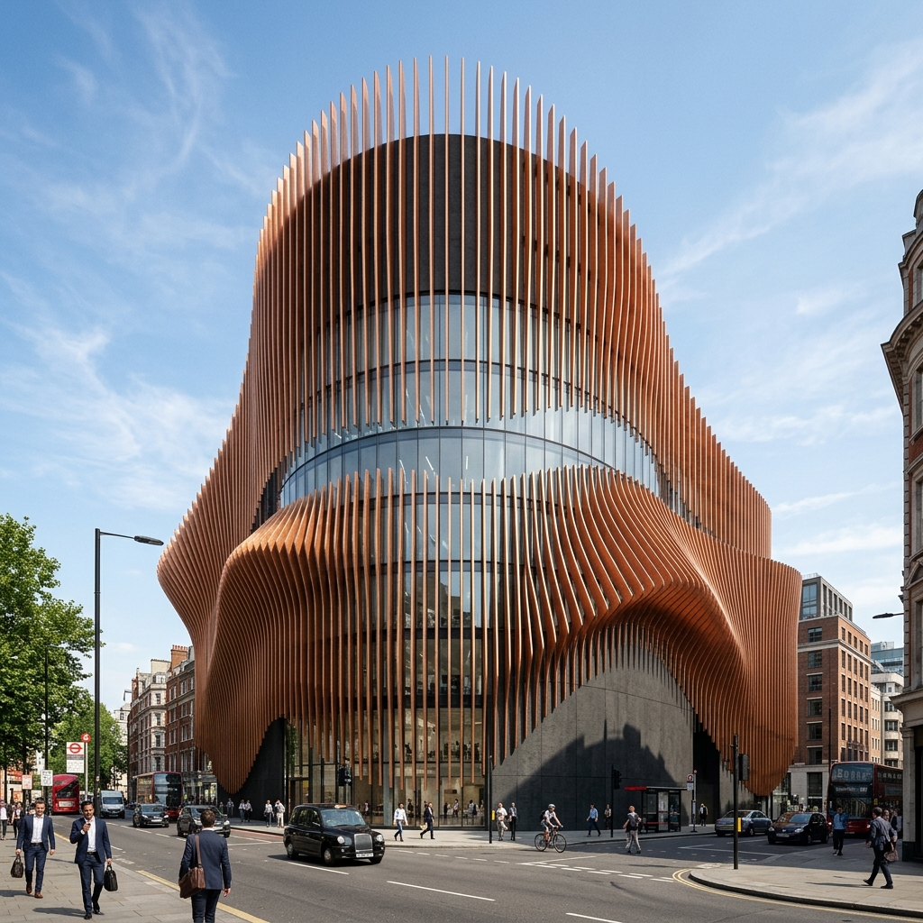 Kinetic facade fins on a curved cylindrical tower