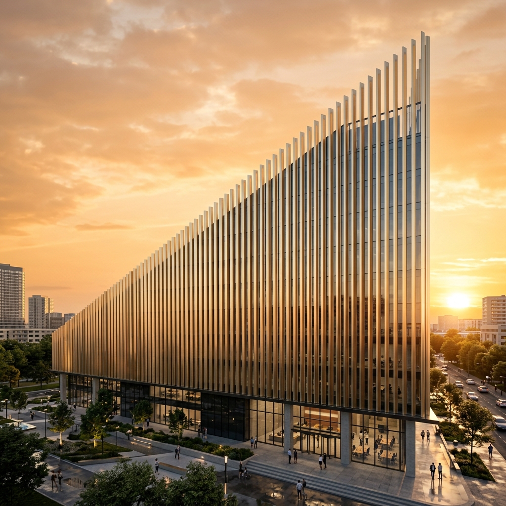 Kinetic facade fins with gradient rising height on a corporate headquarters