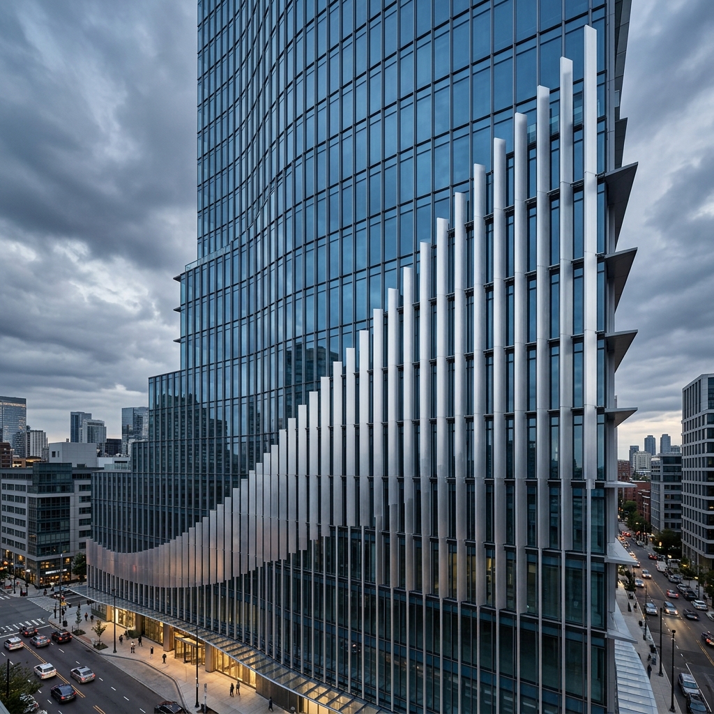 Kinetic facade fins with gradient height on a glass tower