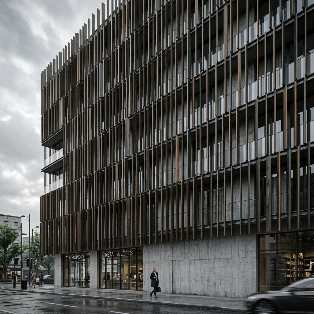 Kinetic facade fins with random rotation and scale on a boutique building