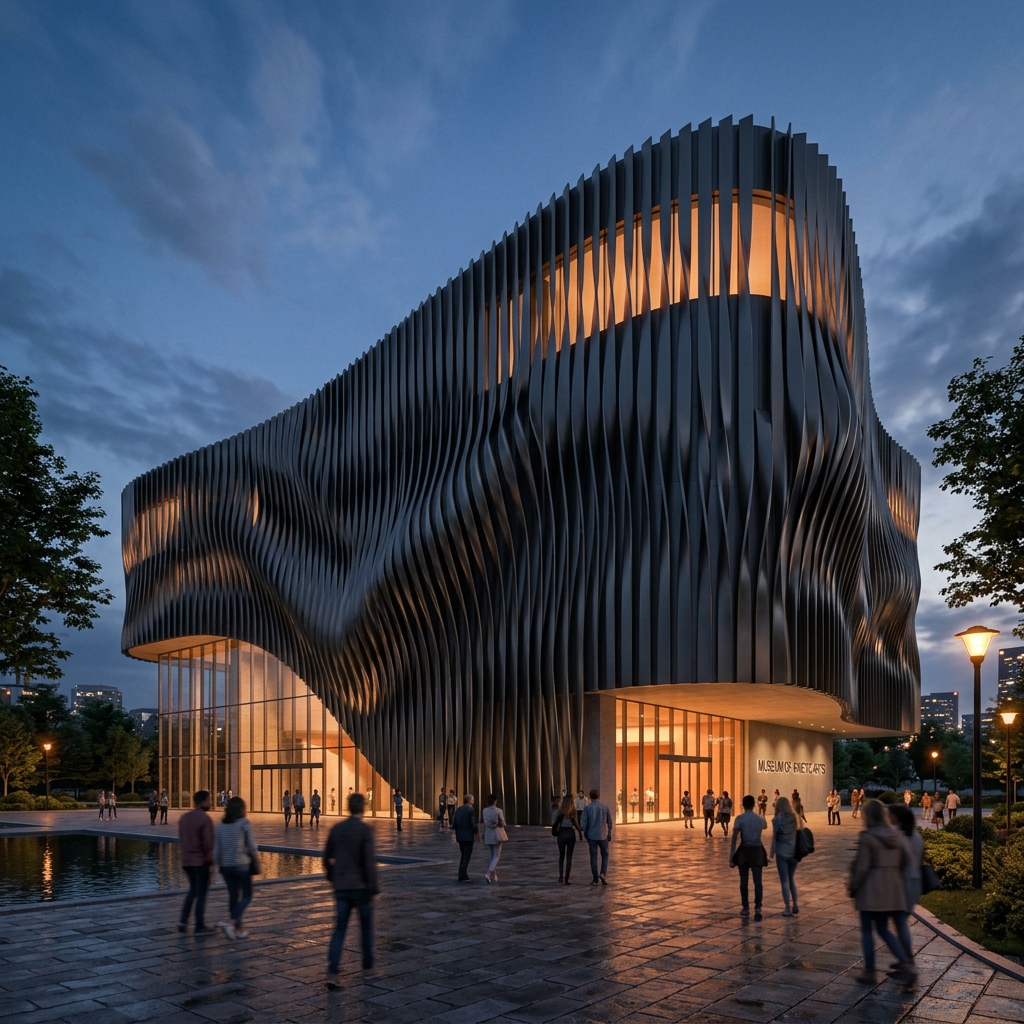 Kinetic facade fins with helical twist on a museum