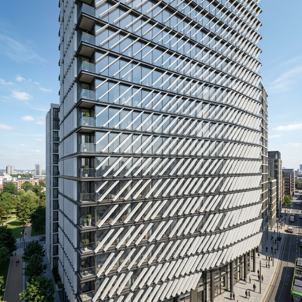 Kinetic facade fins with uniform rotation on a residential tower