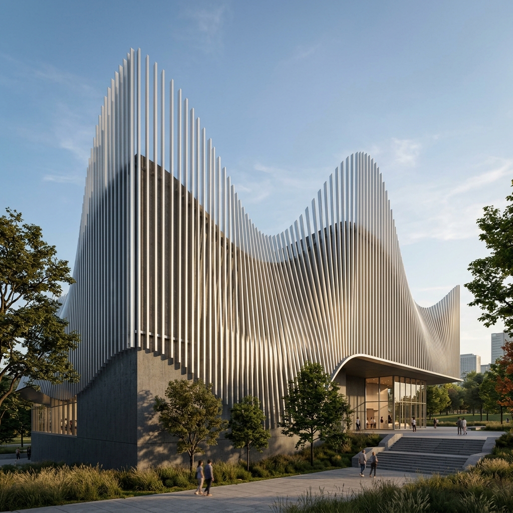 Kinetic facade fins with wave height variation on a cultural centre