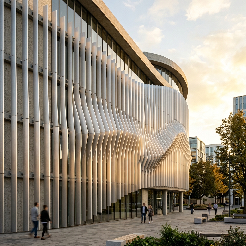 Kinetic facade fins with sinusoidal wave rotation on a curved facade
