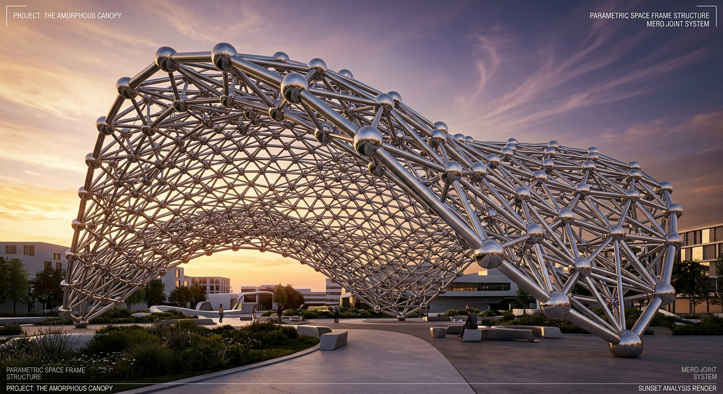 Space frame triangular roof with MERO sphere joints