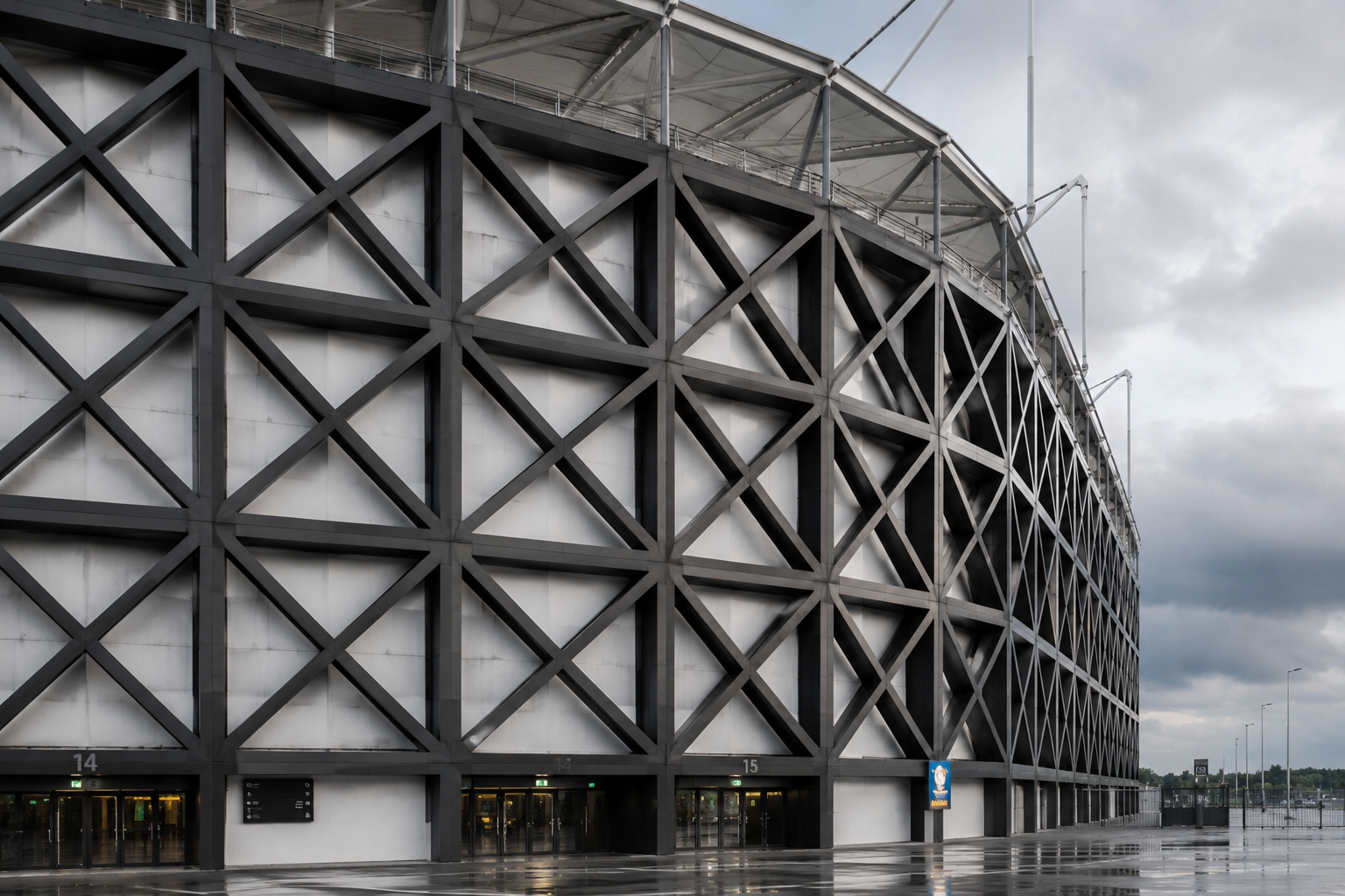 Space frame X-brace structure on a stadium facade