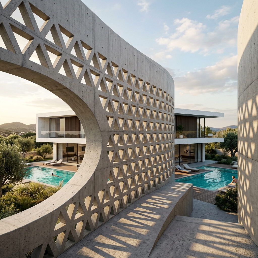 Triangular void on curved concrete villa wall