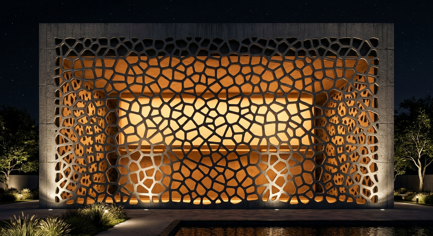 Voronoi aluminum screen on office building at night